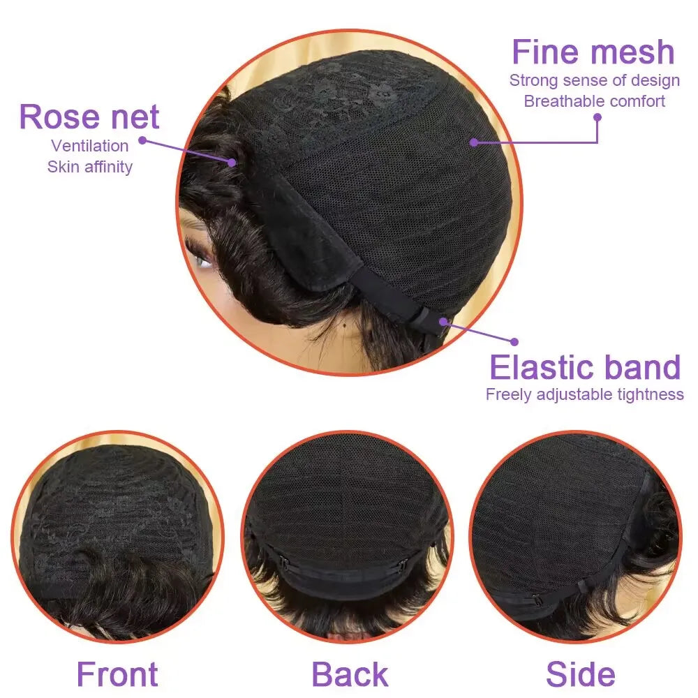 Short Pixie Cut Wig  With Bangs Human Hair 180 Density For Women Machine Made Wig