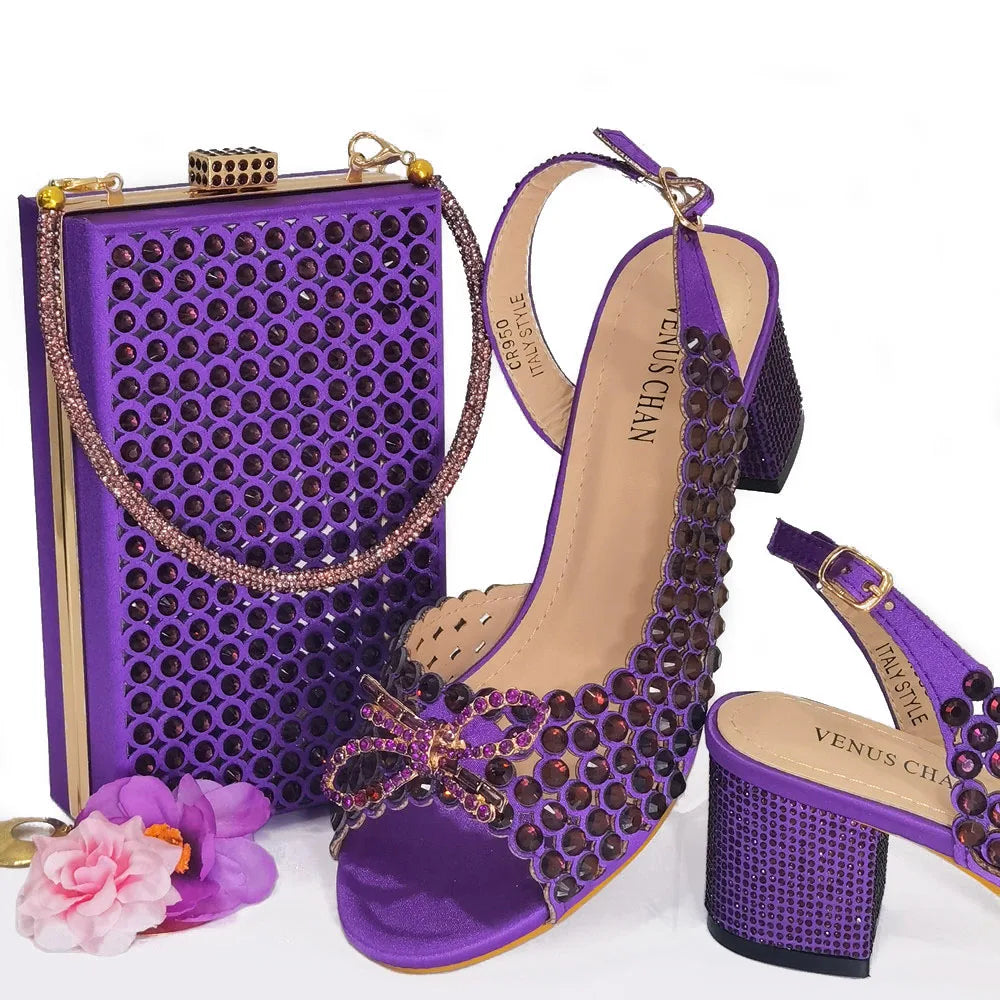 Italian Design Full Drill Elegant Wine Evening High Heels Wedding Party Shoes Matching Clutch Handbag