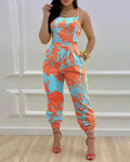 Elegant Women's jumpsuit Summer Fashion Strap Hollow Sexy Off waist Printed jumpsuit