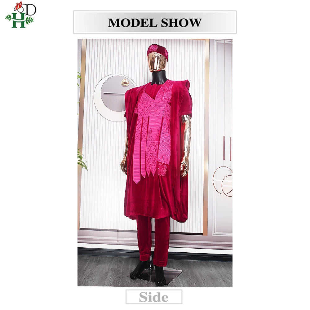 African Clothes for Men Clothing High-Quality Pink Embroidery With Hat Flannelette 3 Pcs Set