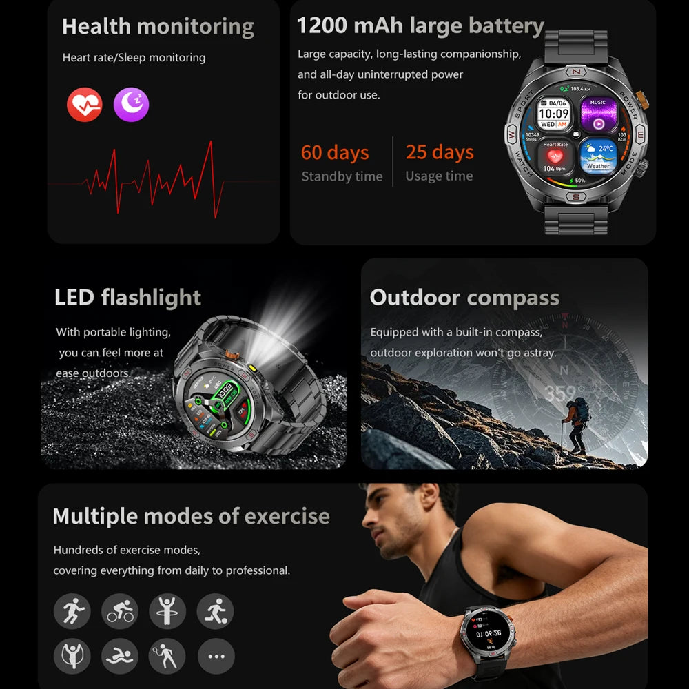 Military Grade 1200 mAh Battery Smart Watch Men LED Flashlight Outdoor Sports Fitness Tracker Compass Bluetooth Call Smartwatch