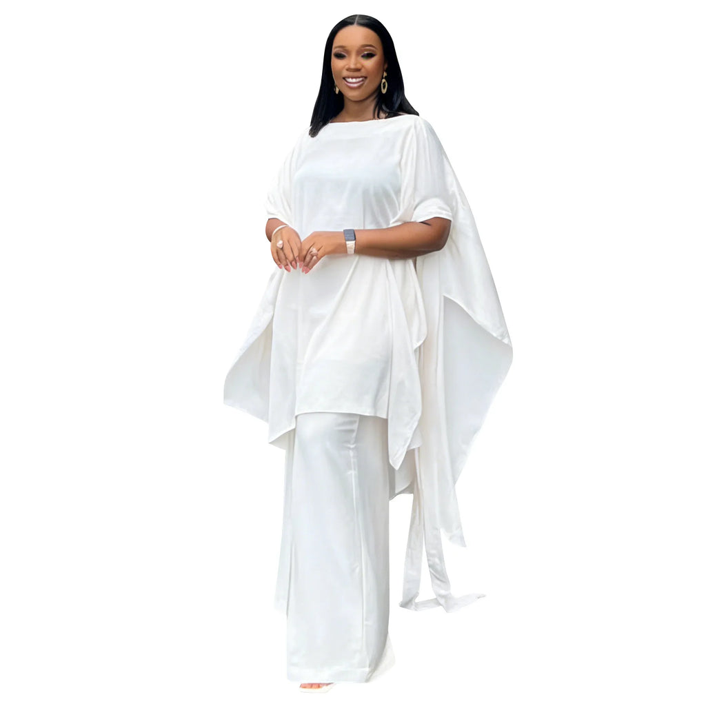Plus Size Summer N8172 Silk Satin Set Design Shoulder Shawl Top Wide Leg Pants Outfit Elegant Street Style for Women Universa...
