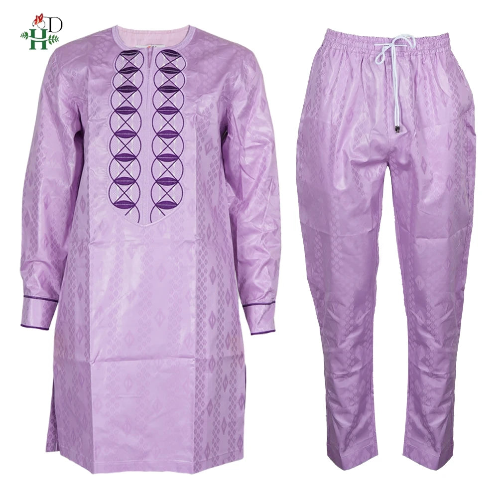 Men's African Agbada 2-Piece Set | Purple Bazin Riche Embroidery Suit | Wedding & Party