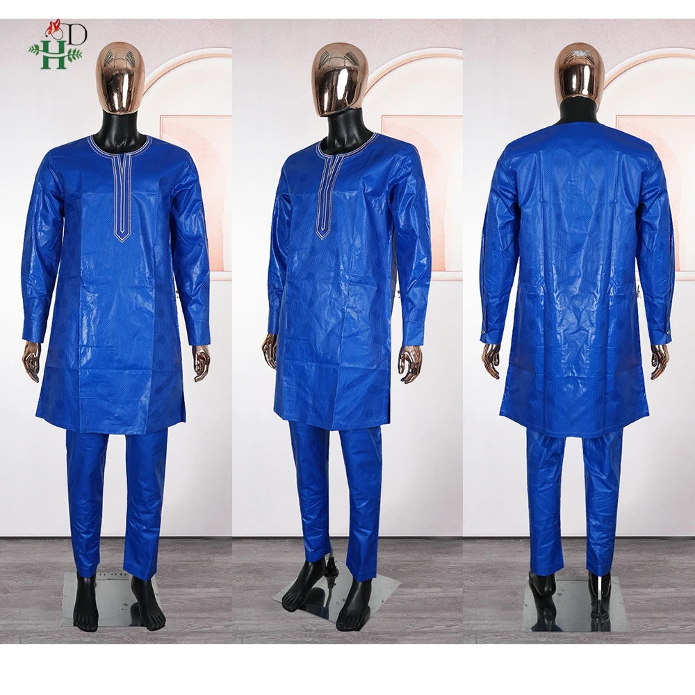 Men's African Agbada 3-Piece Set | Blue Bazin Riche Embroidery Shirt & Trousers | Wedding & Party