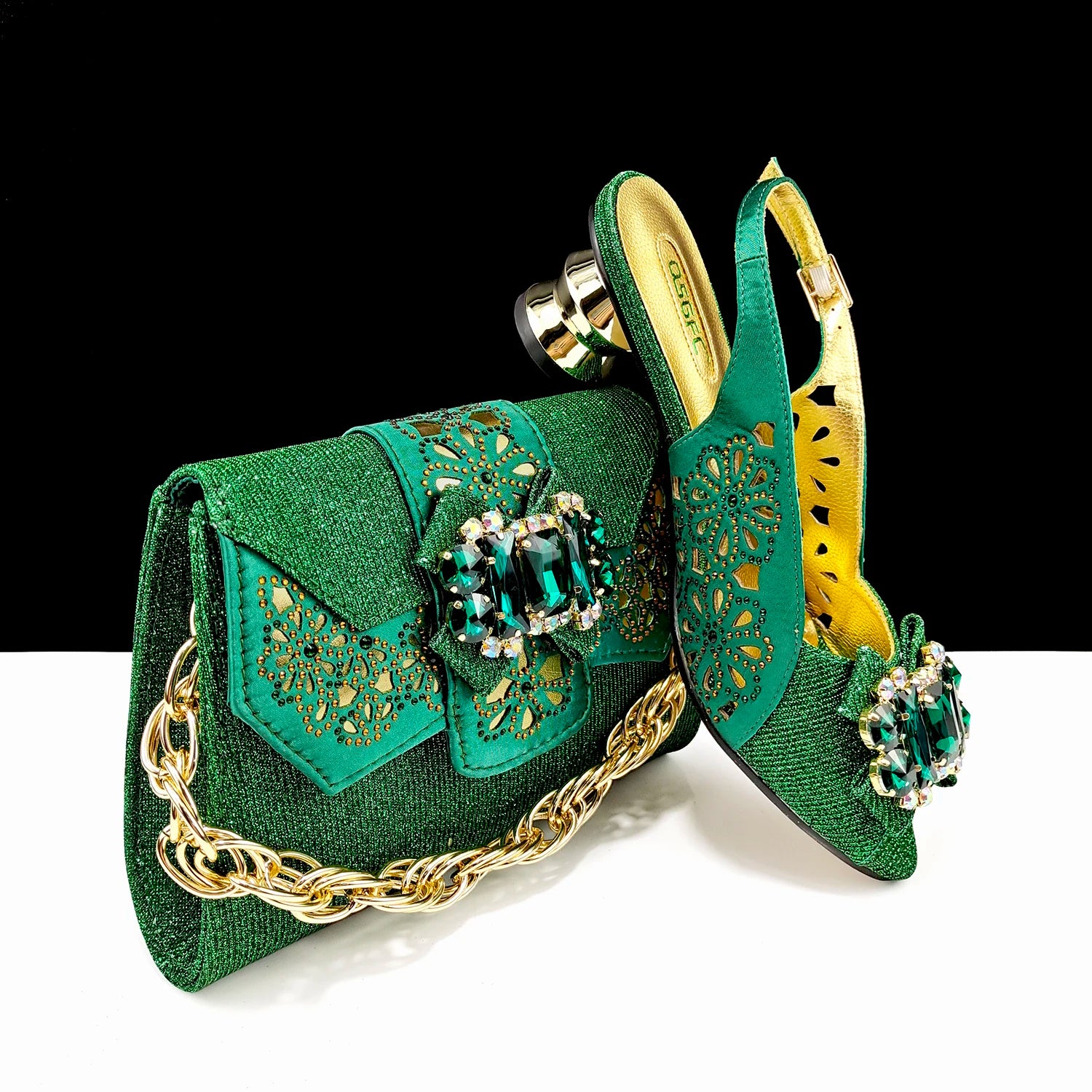 Newest Design Metal and Rhinestone Design Style Party Wedding Peep Toe High Heel Lady Shoes and Bag Set in Teal Blue Color