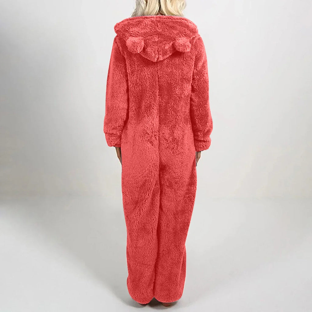 Autumn Winter Thick Fleece Women's Onesie Pajamas with Hat Casual Style Comfortable Soft Fabric