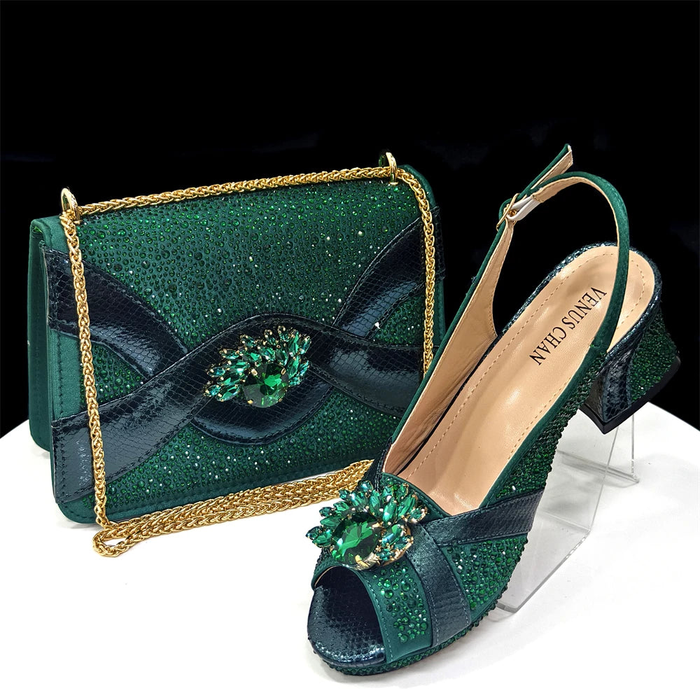 Elegant Women's Peep-Toe Heels and Matching Wine Color Diamond Pumps Set - Stylish Italian Shoes and Bags for Parties