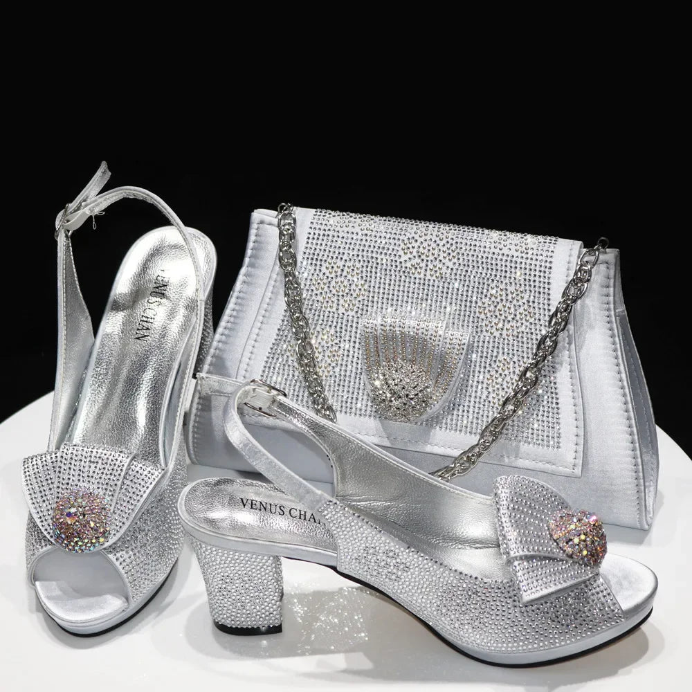 Italian Design Girly Style Golden Color Wedding Shoes And Bag Full Diamond Decoration Metal Closure Bags