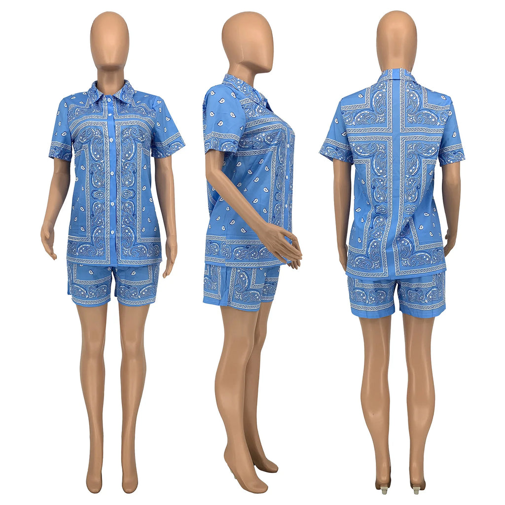 Fashion Paisley Bandana Print 2 Two Piece Sets Women Tracksuit Short Sleeve Shirt + Shorts Sets Female Outfits Matching