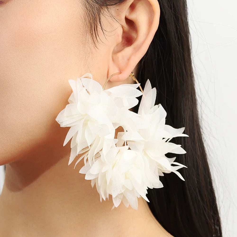 Fashion Orange Fabric Flower Hoop Earrings Women Party Accessories Elegant Bohemian Large Round Earrings SummerJewerlry Gift