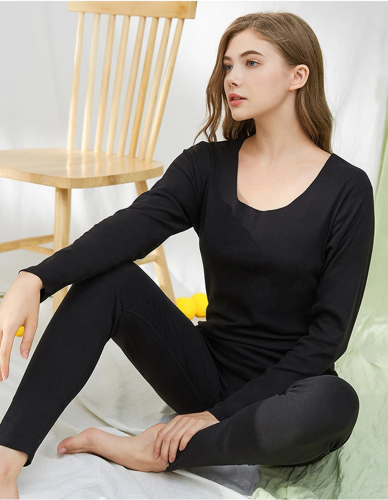 Women's Seamless Thermal Underwear Set Winter Warm Comfortable Solid Lingerie Long Johns Sexy Knitted Polyester Elastane Blend