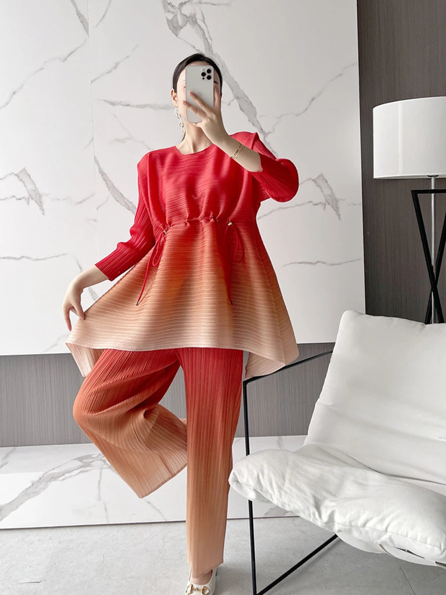 EGRM Gradient Pleated Set Drawstring Slim Full Sleeved Top and High Waisted Wide Leg Pants 2 Piece Sets for Women 2023 New 8RM91