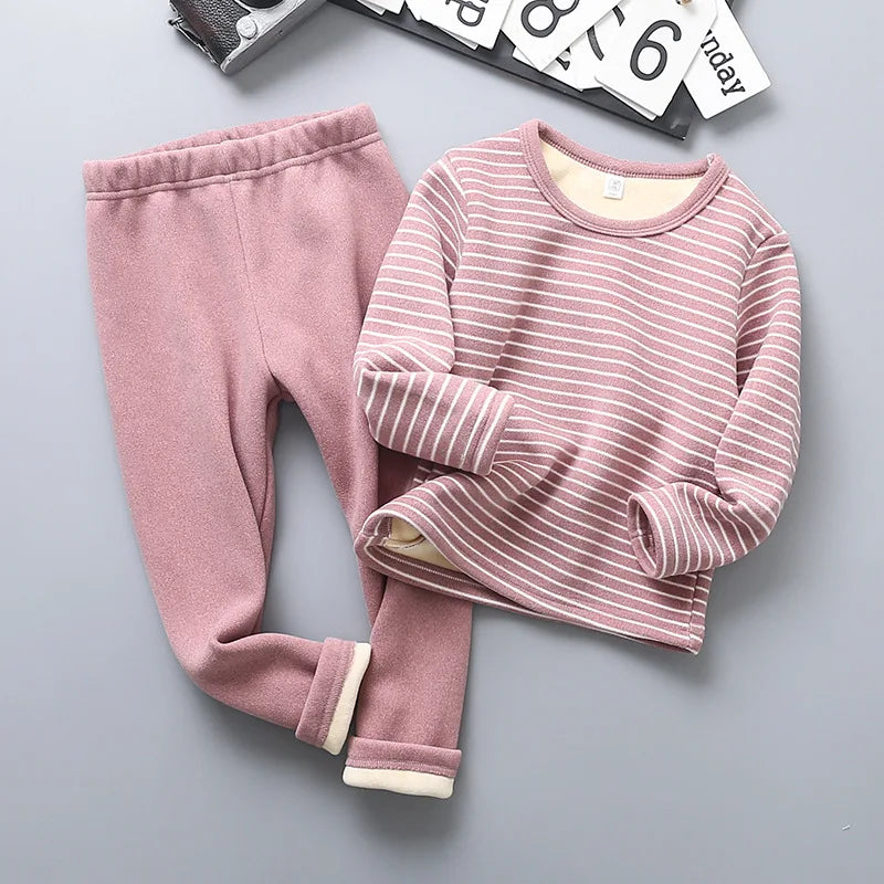 Children's Fleece Lined Thermal Underwear Set Boys Girls Stripe Design Thickened Unisex Autumn Thermal Pajamas 4-6 Years