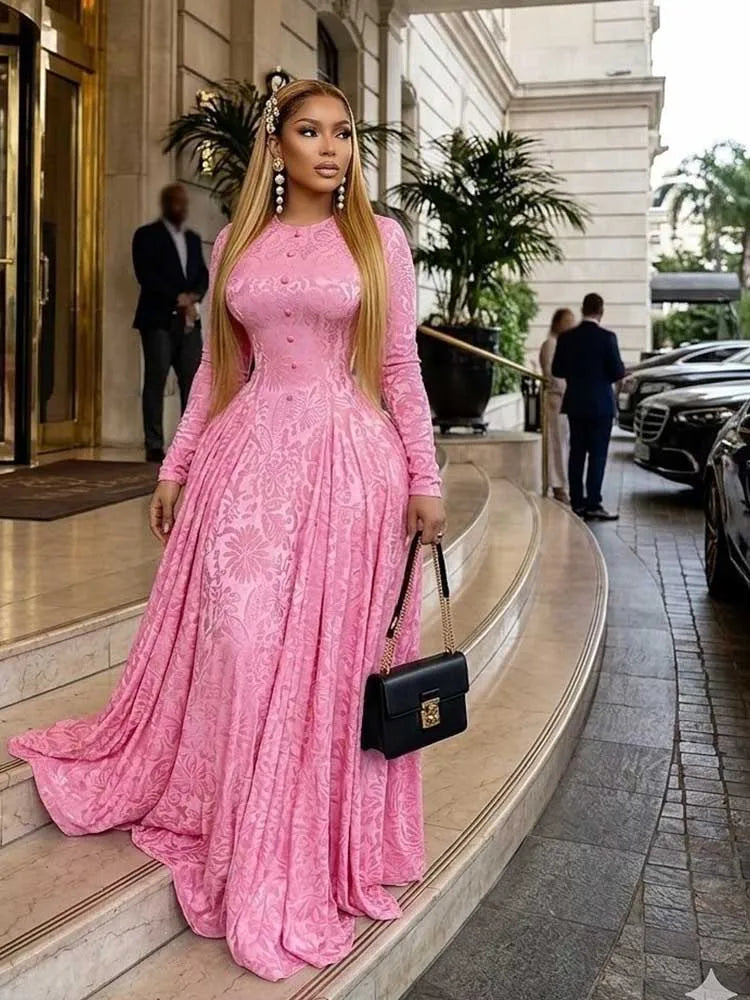 Elegant Luxury Women High Waist Slim Dress Long Sleeves Maxi Evening Dress