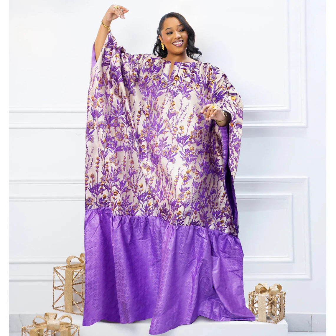 Gold Line African Women Brocade Boubou Dress Party Dashiki Embroidery With
