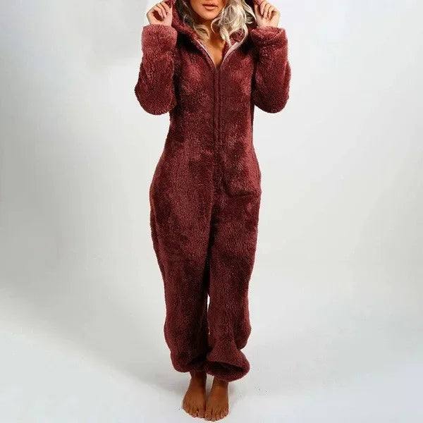 Autumn Winter Thick Fleece Women's Onesie Pajamas with Hat Casual Style Comfortable Soft Fabric
