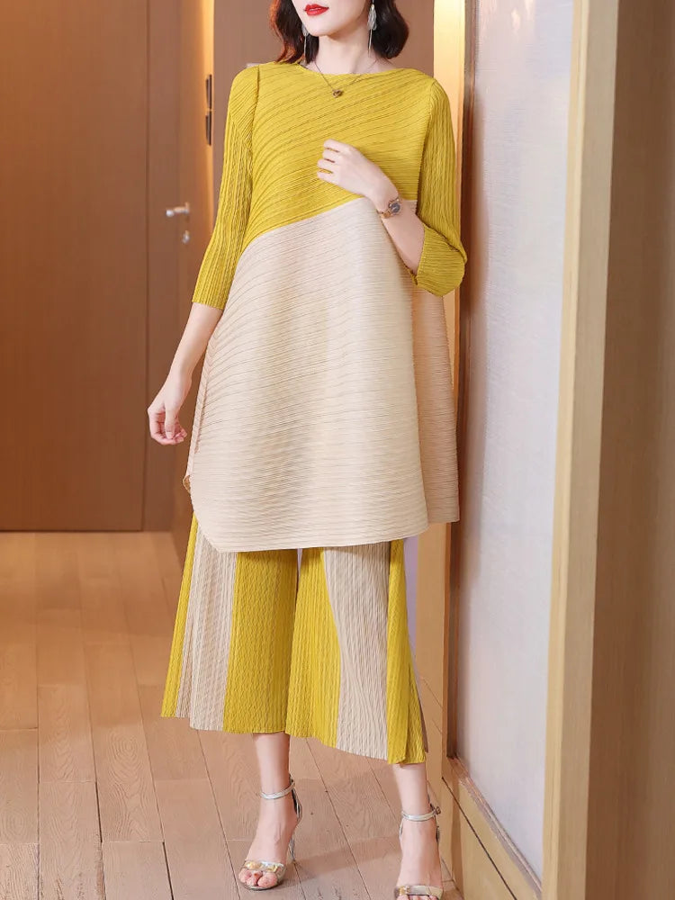 Women's Pleated Sets Contrast Color O-neck Asymmetric Top Dress+ Loose Wide Leg Pant Two-piece Casual Suits