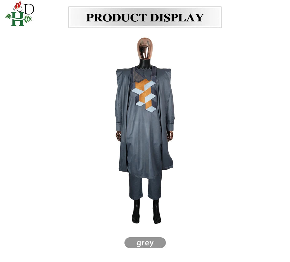 Men's 3-Piece African Embroidery Set | Gray Plus Size Traditional Wear 2025