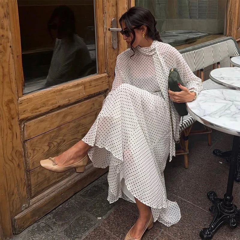Polka Dot Skirt 2 Piece Set Women Casual High Collar Tie Full Sleeves Elastic High Waist Long Skirt Suit Lady Daily Outfit New