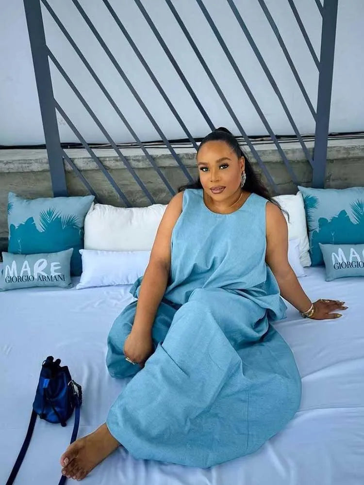 Women's Elegant Two Pieces Sky Blue Sleeveless Top and Wide Leg Pant Casual Loose Fit Summer Outfits Knit Pants Set