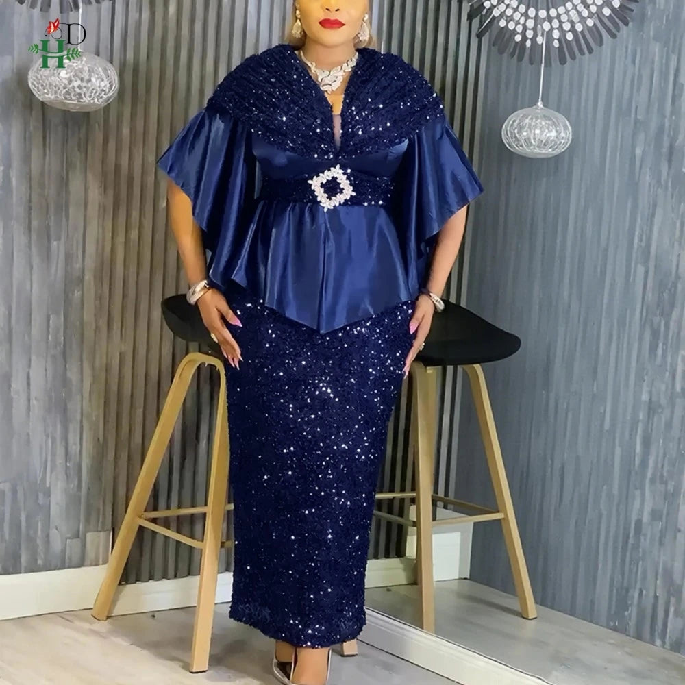 African Party Dresses For Women Sequin Wedding Evening Gown Plus Size Elegant Maxi Dress