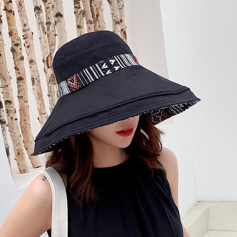 Hat Women's Summer Big Edge Double-Sided Sunshade Bucket Hat Korean Version Versatile Ethnic Style Travel Sun Protection Cap