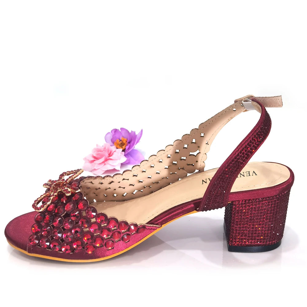 Italian Design Full Drill Elegant Wine Evening High Heels Wedding Party Shoes Matching Clutch Handbag