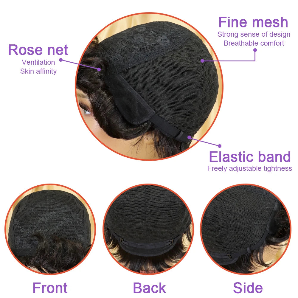 6-Inch Remy Human Hair Pixie Curly Wave Wig with Bangs | 150% Density Full Machine Made Wig, Easy To Wear for Daily Use & Partie