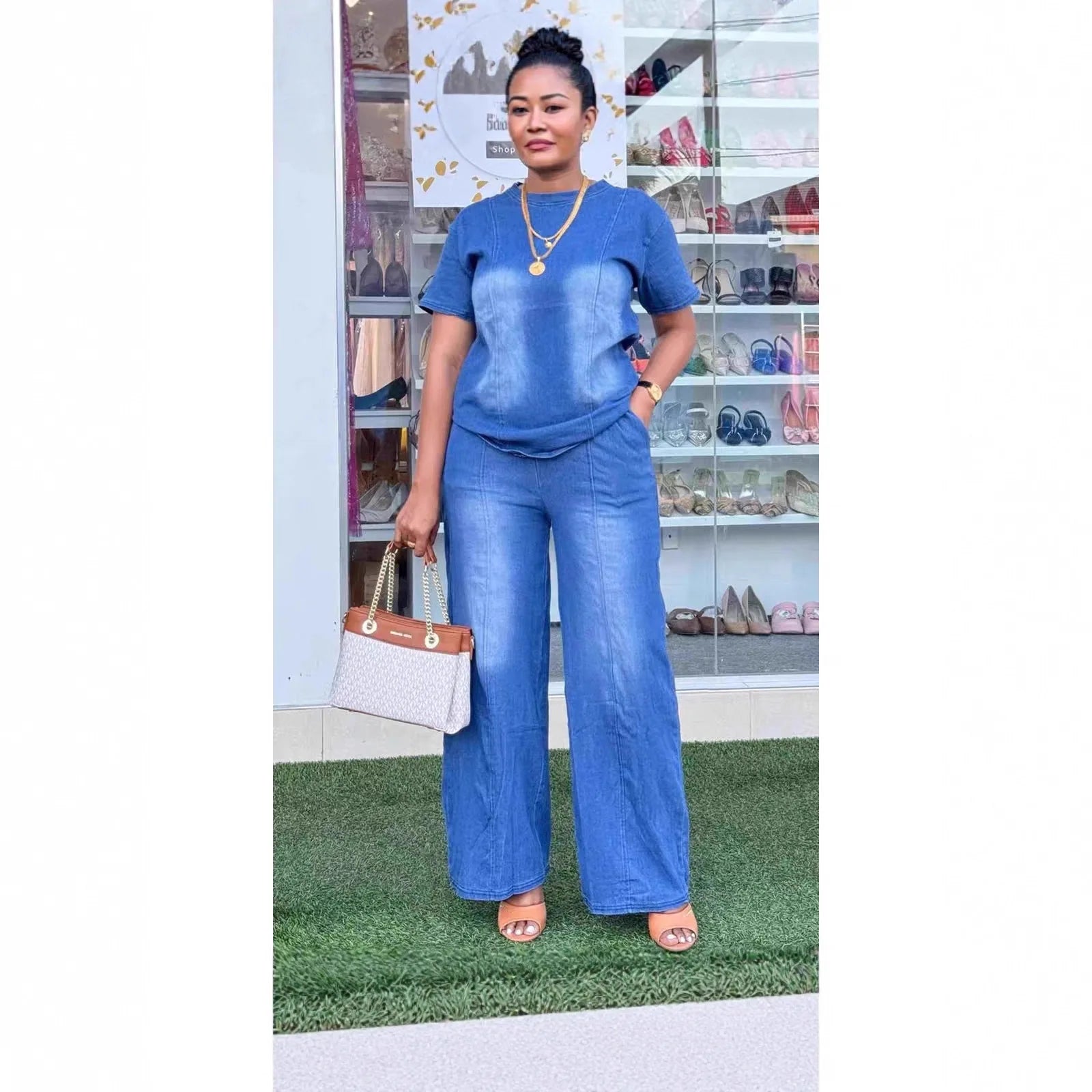 Women's Denim 2-Piece Set | Wide Leg Pants & Short Sleeve Top Streetwear | HotTrendyPicks