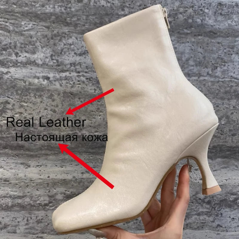 JOZHAMTA Size 34-43 Women Real Leather Thin Heels Ankle Boots Slip On Warm Autumn Winter Sexy Round Toe Elegant Short Boots