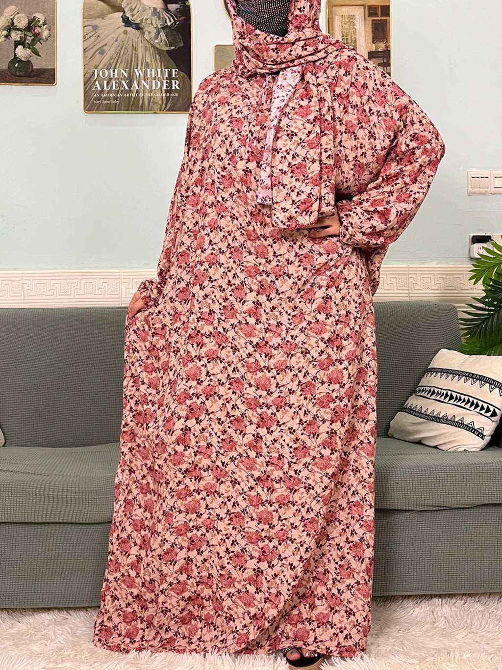 Women's Traditional Floral Ramadan Muslim Cotton Abayas Garment with attached Headscarf