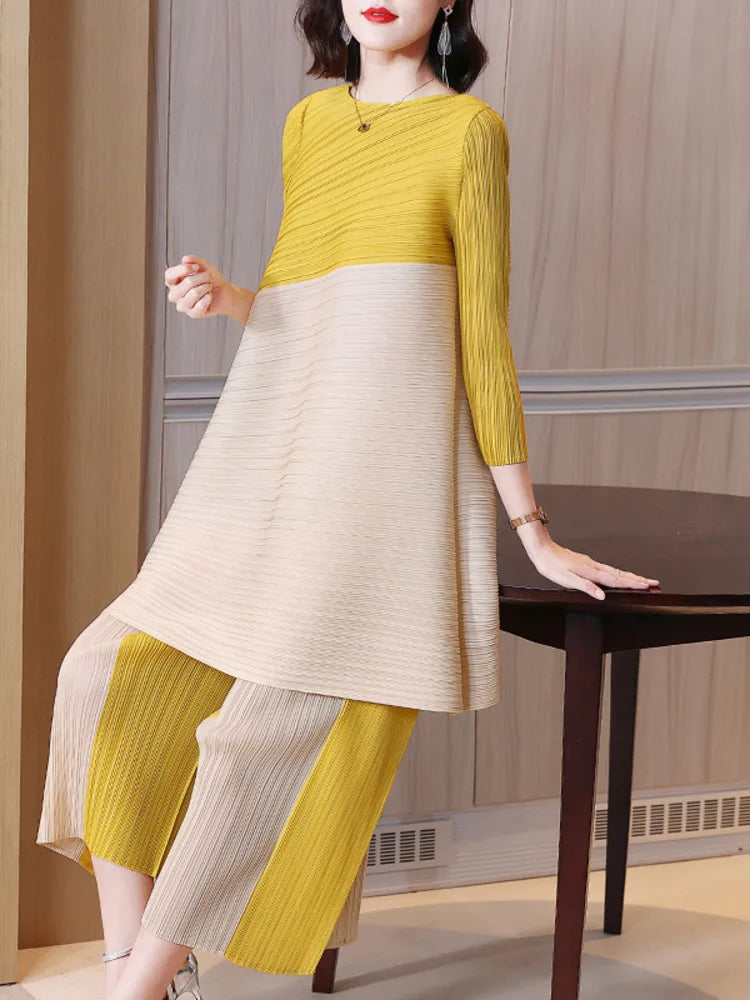 Women's Pleated Sets Contrast Color O-neck Asymmetric Top Dress+ Loose Wide Leg Pant Two-piece Casual Suits
