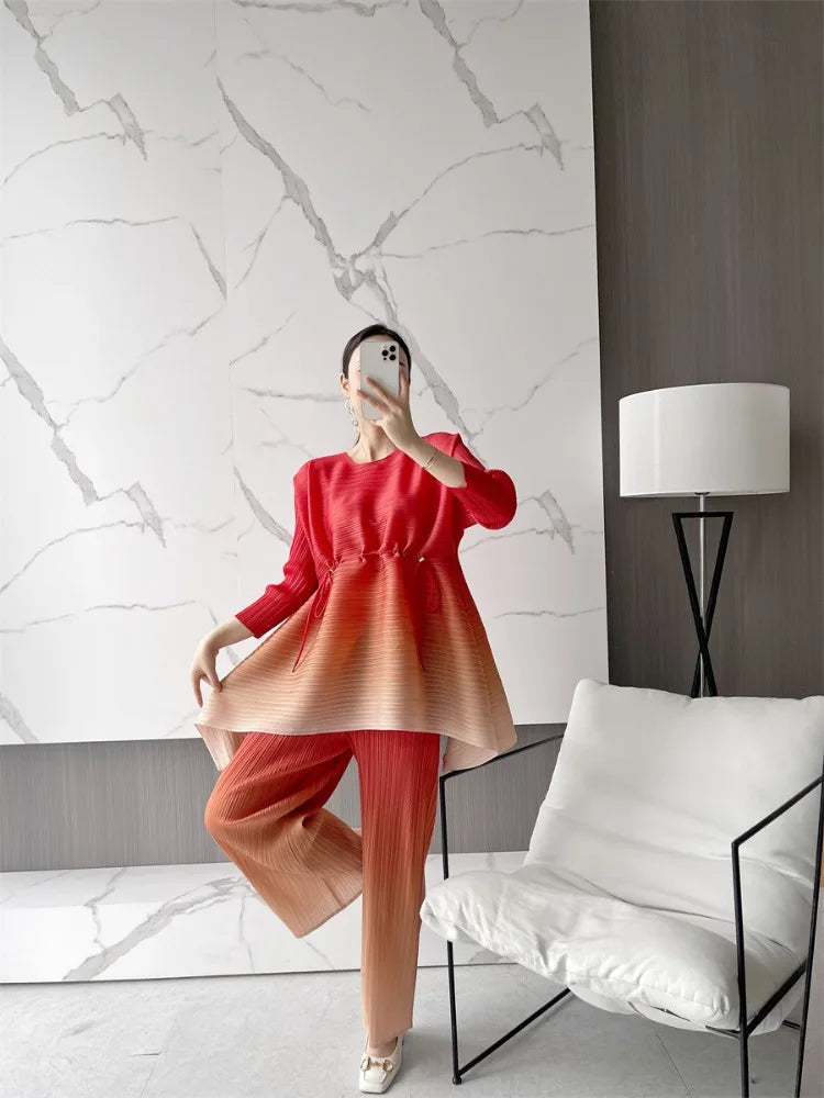 EGRM Gradient Pleated Set Drawstring Slim Full Sleeved Top and High Waisted Wide Leg Pants 2 Piece Sets for Women 2023 New 8RM91