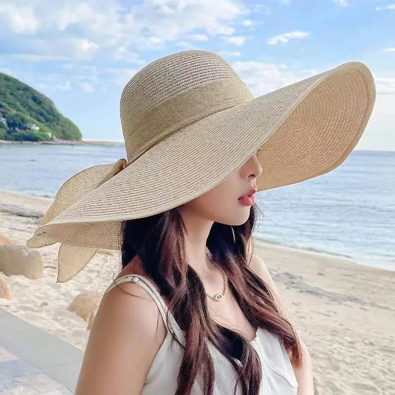 Women's Oversize Brim Straw Hat Women's Summer Sun Block Big Brim Hat Seaside Bow Beach Hat Suitable For Sun Protection