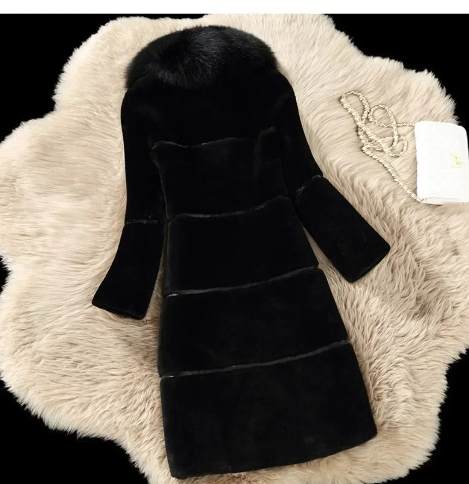 Women's Elegant Imitation Faux Fur Collar Warm Coat Fashion Plush V-Neck Button Detail