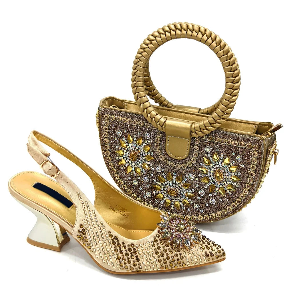 Italian Fashion Rhinestone Women Sanada Shoes And Bag Set Summer Style Woman Pumps Shoes And Bag Matching Set For Party