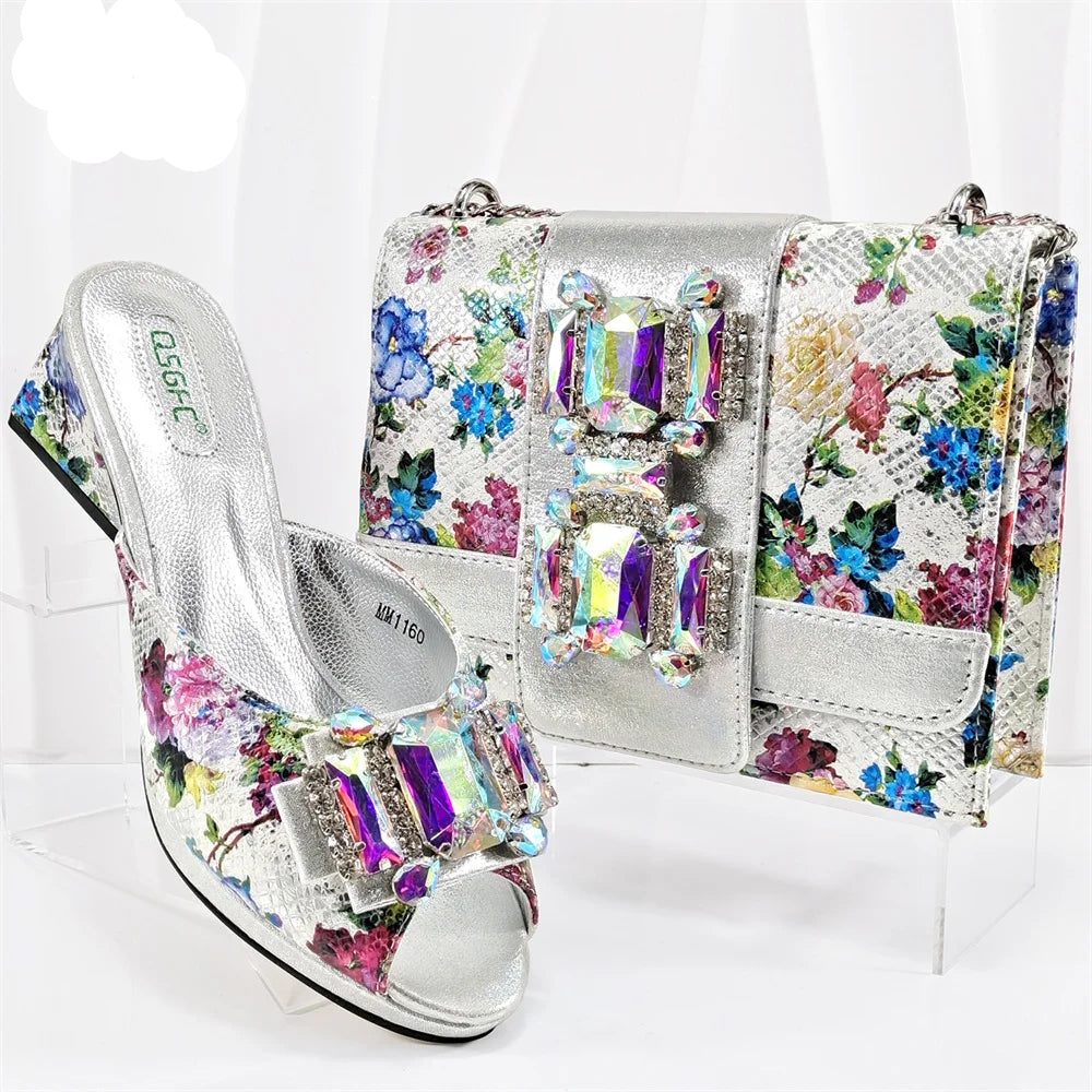 Italian New Arrivals Shoes and Bag Set in Green Color High Quality Specials Design Slipper with Crystal for Wedding Dress