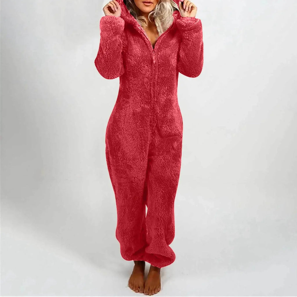 Autumn Winter Thick Fleece Women's Onesie Pajamas with Hat Casual Style Comfortable Soft Fabric