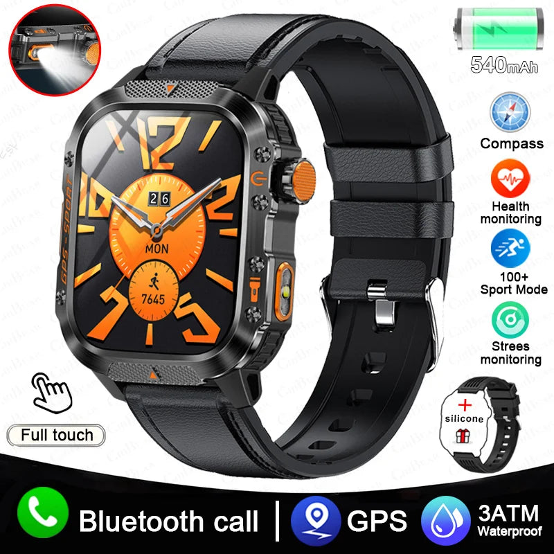 Military GPS Smartwatch Men | 2.01" AMOLED Flashlight Bluetooth 3ATM Waterproof