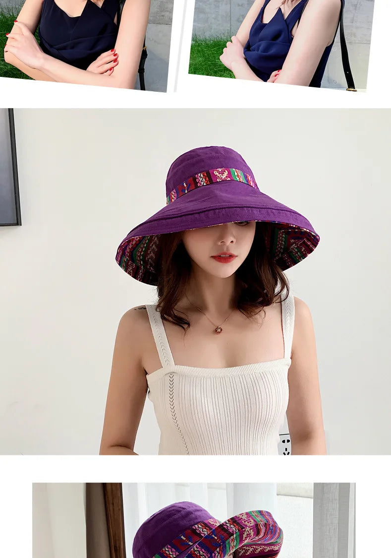 Hat Women's Summer Big Edge Double-Sided Sunshade Bucket Hat Korean Version Versatile Ethnic Style Travel Sun Protection Cap
