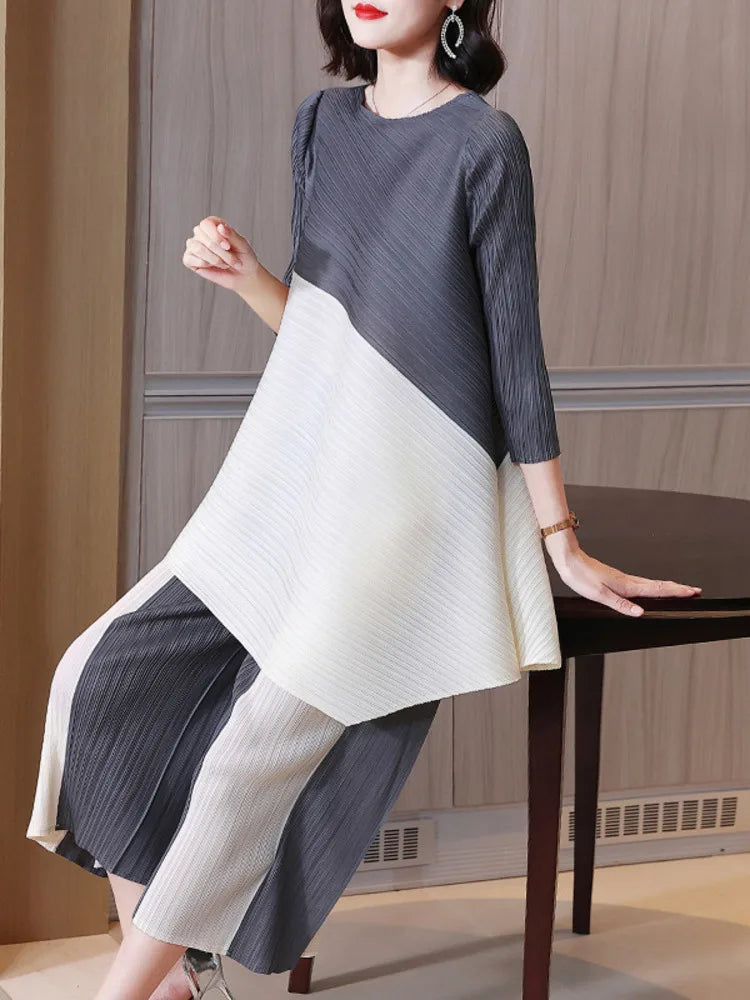Women's Pleated Sets Contrast Color O-neck Asymmetric Top Dress+ Loose Wide Leg Pant Two-piece Casual Suits