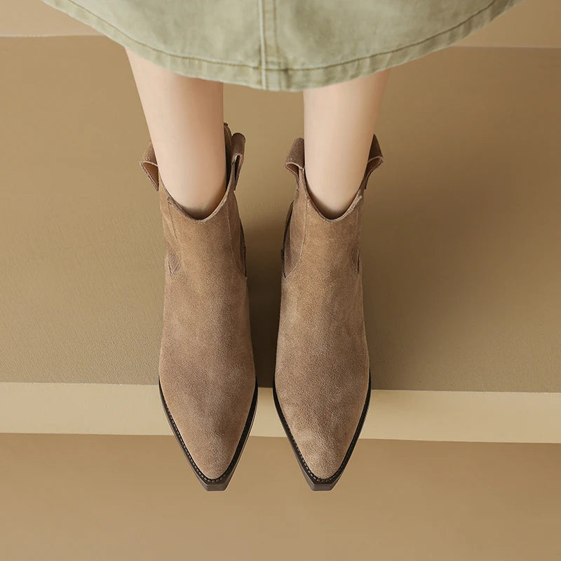 New 2025 Trend Autumn Cow Suede Women Western Boots Black Brown Khaki Chocolate Green Burgundy Pointed Toe Ladies Ankle Boots