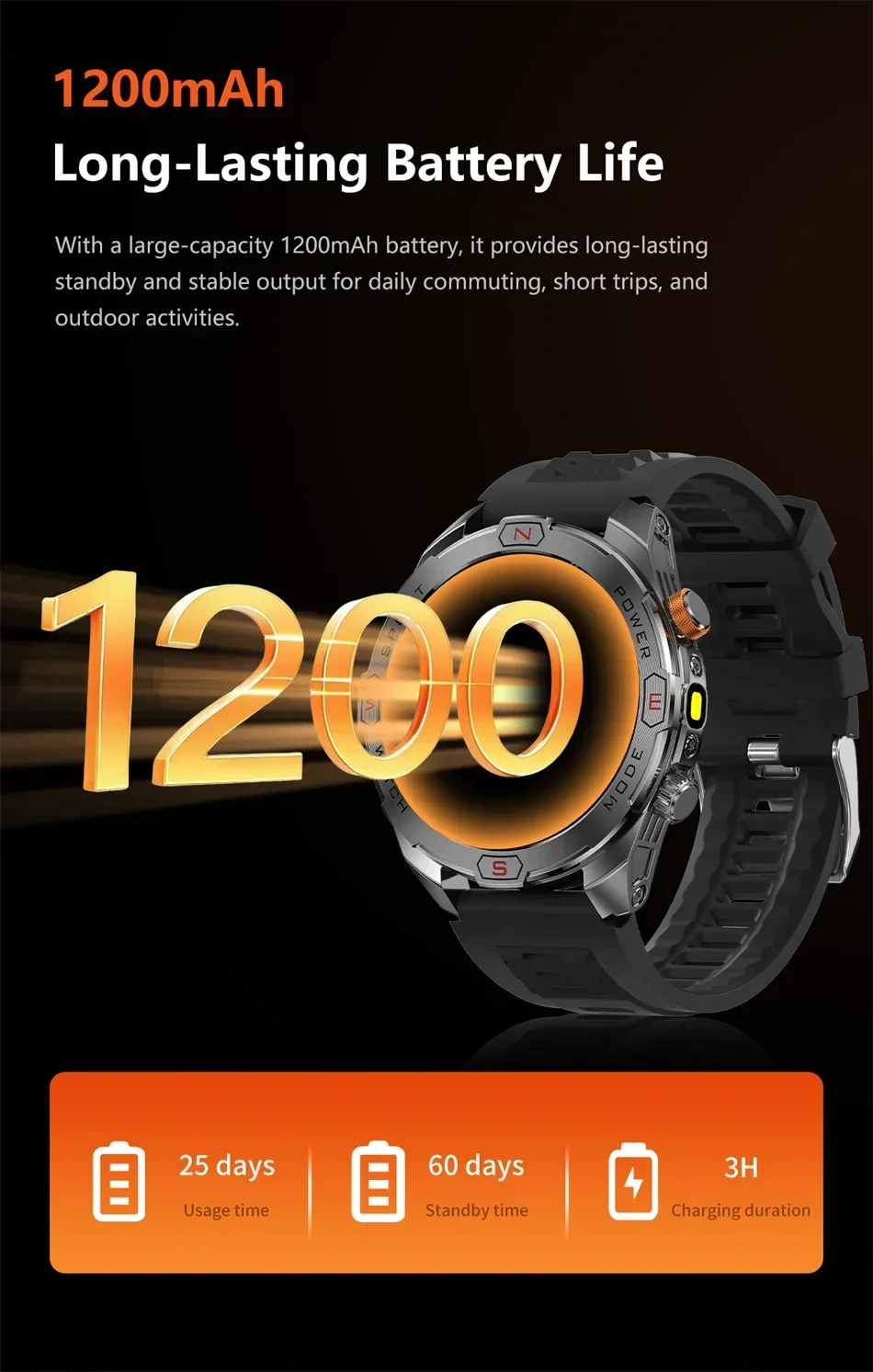 Military Grade 1200 mAh Battery Smart Watch Men LED Flashlight Outdoor Sports Fitness Tracker Compass Bluetooth Call Smartwatch