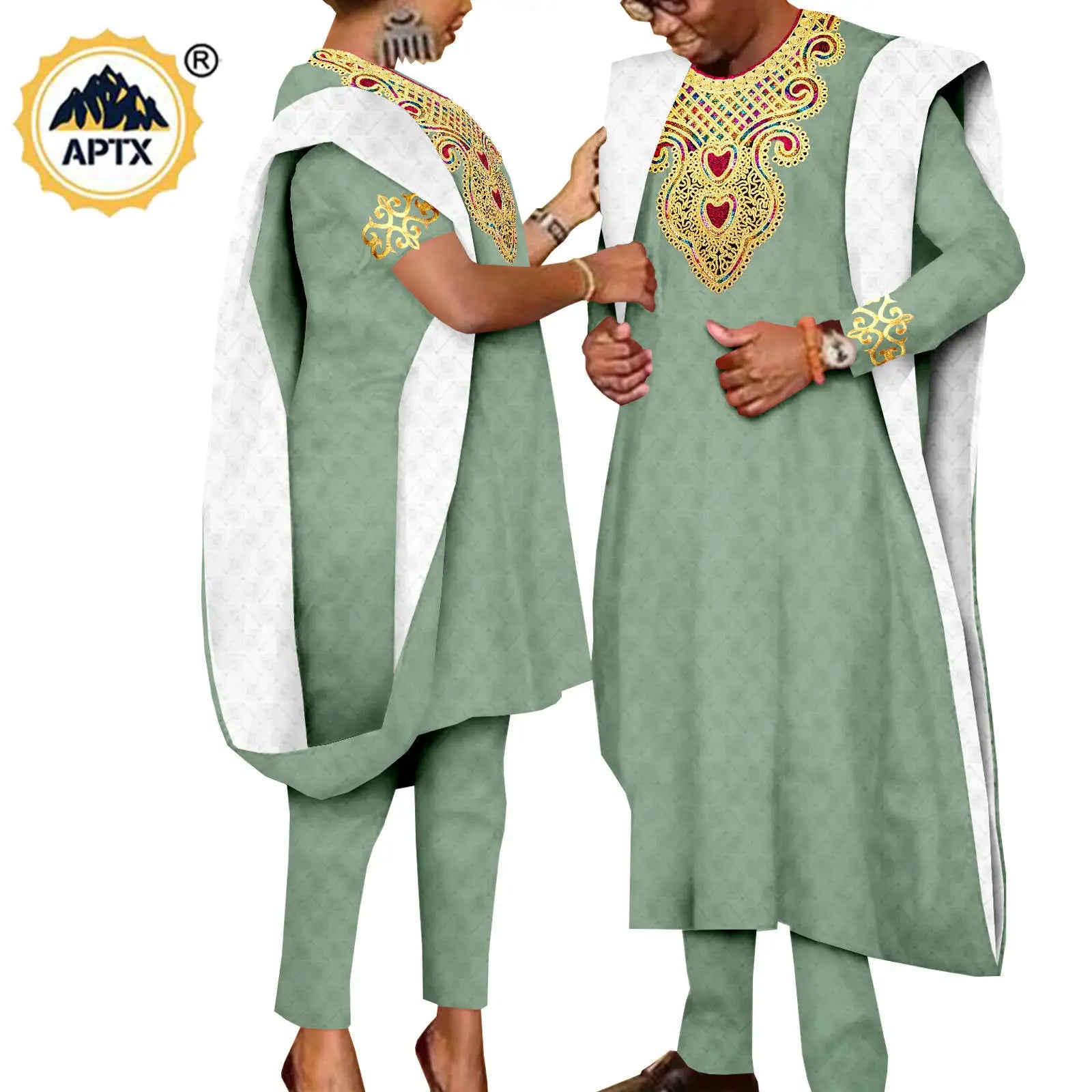 African 3 Pieces Suit for Men Matching Couple Outfits Agbada Dashiki Women Muslim Sets Bazin Riche Applique Robes Asoebi Y23C029