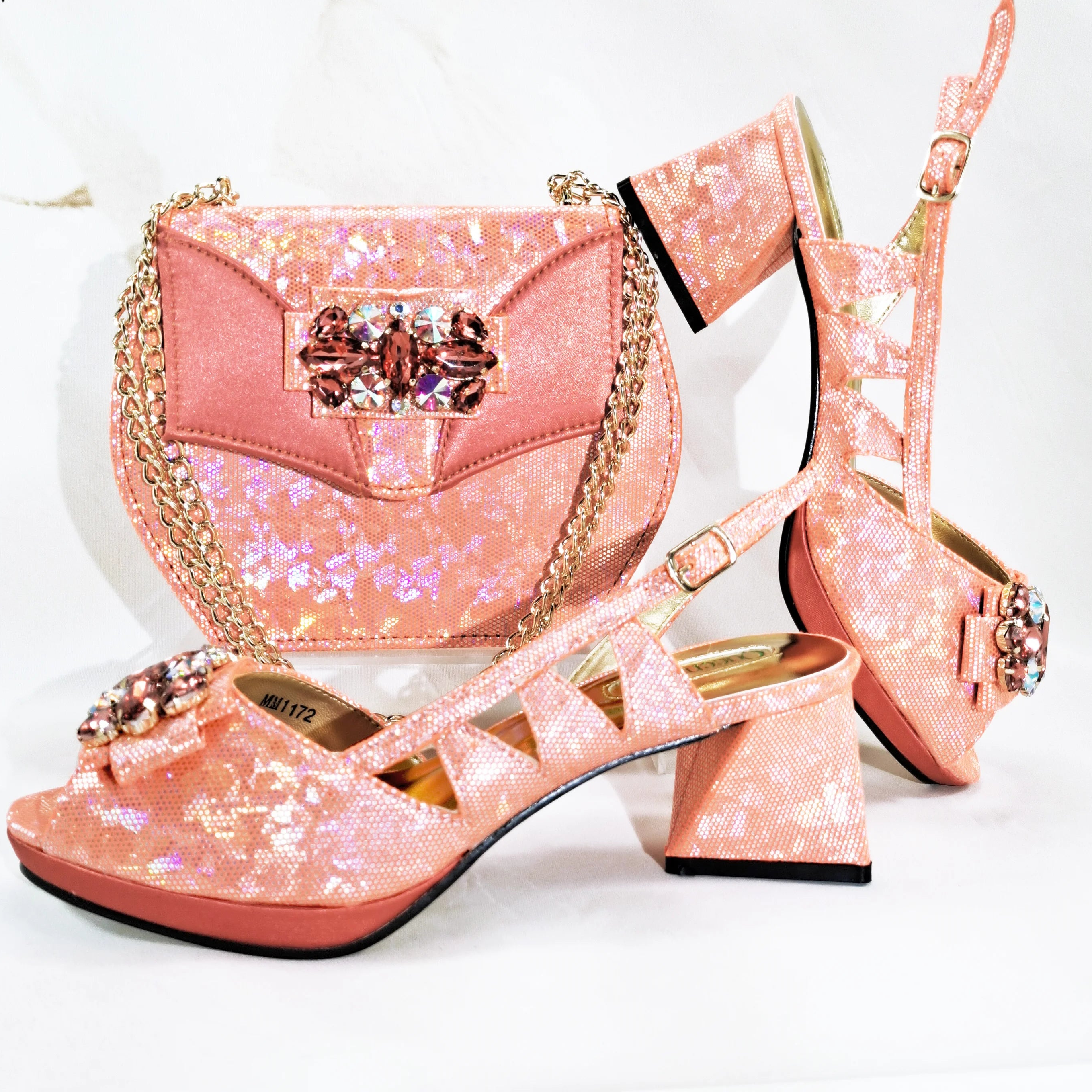 New-Season Peep Toe Ladies Elegant Coral Color Diamond-Embellished High Heels Italian-Designed Shoe and Handbag Set