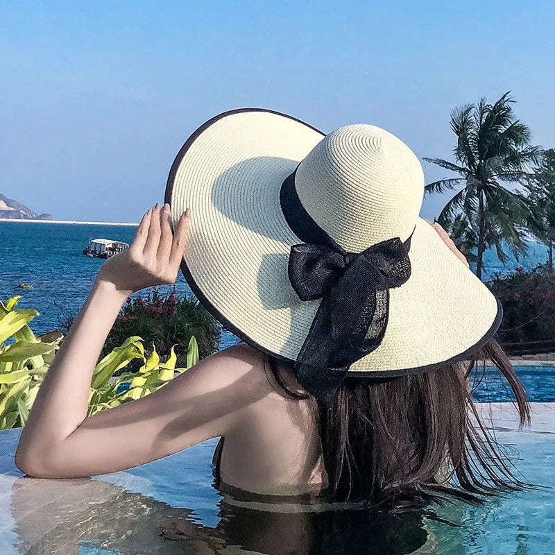Women's Oversize Brim Straw Hat Women's Summer Sun Block Big Brim Hat Seaside Bow Beach Hat Suitable For Sun Protection