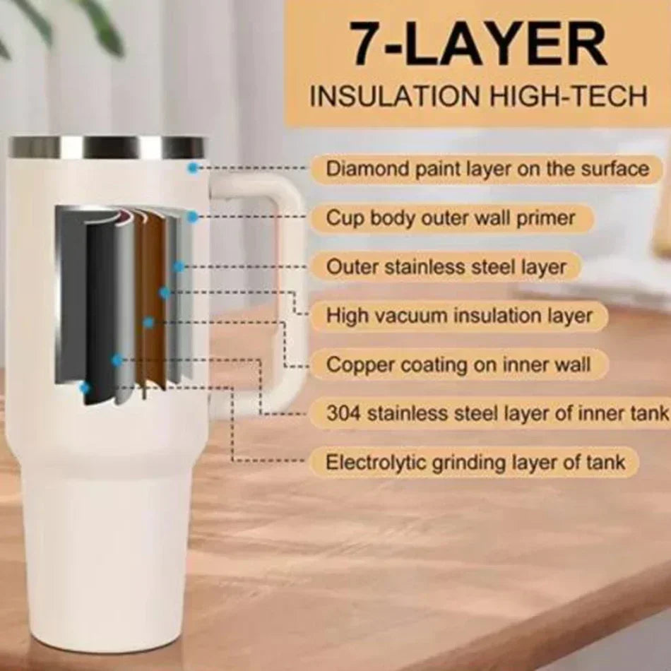 Large capacity 1200ML 304 stainless steel insulated water bottle insulated coffee cart cup hot and cold cups, straw with handle