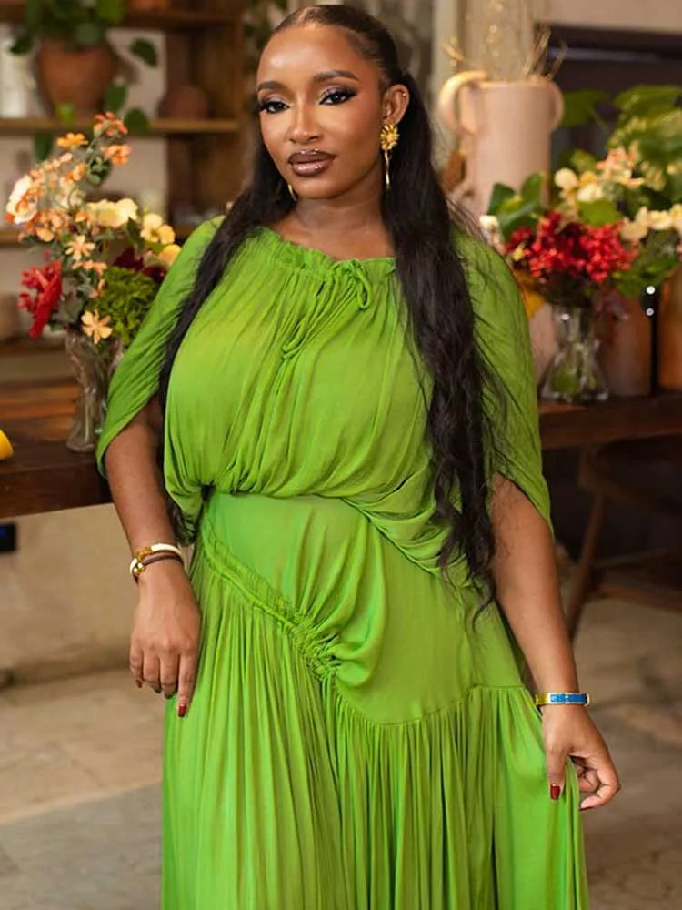 Elegant Olive Green Dress for Women Maxi Summer Dress Waist Draped Straight Type Pleated Party Dress Wholesale Dropshipping