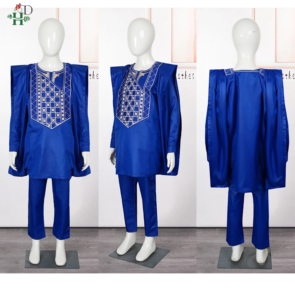 Boys White Blue Long Sleeve Tops Embroidery Dashiki Robe Shirt And Pant Set 3 PCS