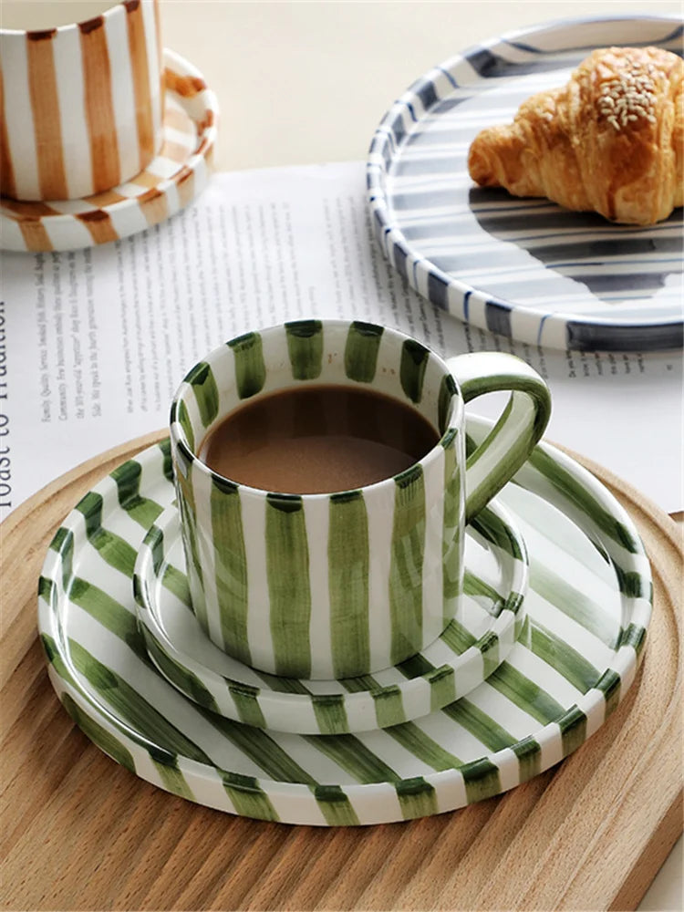 Minimalist Striped Ceramic Cup & Plate Set | 280ml Coffee Tea Cup |